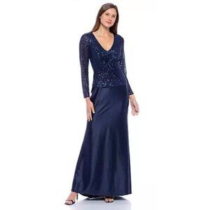 Marina Dresses Front Twist Sequin Charm Gown Womens Small Navy Maxi Long Sleeve